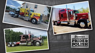 Working Bobtail, 2013 & Older finalists are: Leroy Baxter’s 1999 Kenworth W900L, driven by Mike Blackburn (top left); Roger Oliver’s 2002 Kenworth W900L (top right); and Chip Bean’s 2004 Peterbilt 379, driven by Mike Hall.