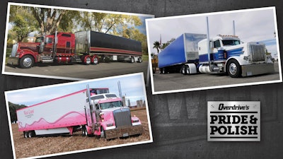 Finalists for the Working Combo, 2016-2021 category are: Kody and Edith Giacomo’s 2017 Kenworth W900L (top left), Warren Hartman’s 2018 Peterbilt 389 (top right), and Don English’s 2018 Kenworth W900L, driven by Eva Knelsen.