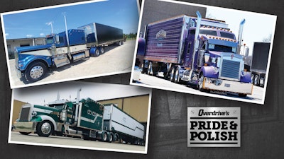 Working Combo, 2015 & Older finalists are: Lavern Cross’ 1982 Kenworth W900A (top left), John Jaikes’ 1999 Kenworth W900L (top right), and Daniel and Phyllis Snow’s 1996 Freightliner Classic XL.