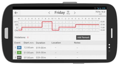 In this basic log example, FMCSA’s Joe DeLorenzo detailed the split-sleeper-berth options offered by the coming hours of service regs. Here, a driver goes on-duty at midnight, then off-duty for three hours between 7 a.m. and 10 a.m., then back on for-duty for seven more hours, until 5 p.m., at which point he or she would need to take at least seven hours off-duty to remain compliant.