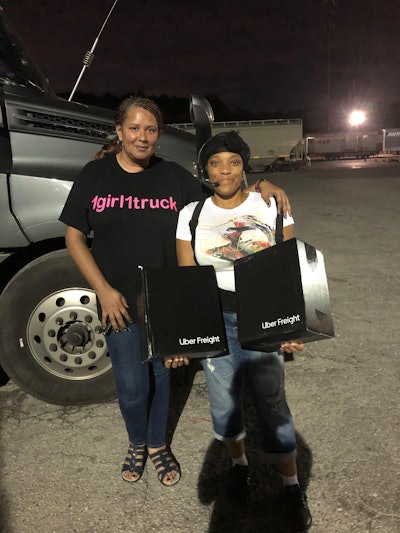 Owner-operator Sharron Lambert, left, stopped daily at truck stops along her route on I-20 between Atlanta and Birmingham to hand out COVID care packages.