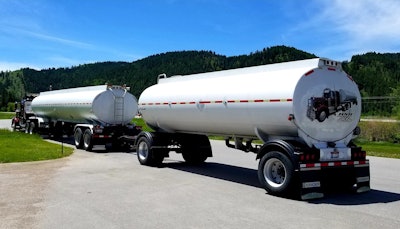 Owner-operator Herman pull tank doubles dedicated to Dustbusters company — the freight is liquid to control road dust, and in the winter de-icers for paved roads.