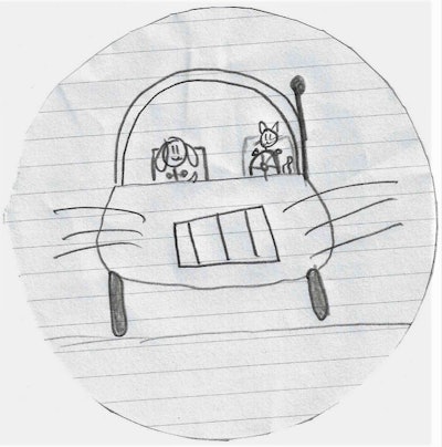 drawing of a cat and dog driving a semi truck