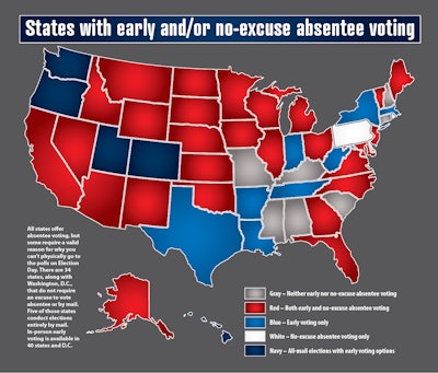 Click through this map image for a larger version if needed — it shows early and absentee voting options for each state during normal election years. With uncertainty around COVID-19, some states are changing their voting rules for 2020 to allow more people to vote by mail. Check with your state’s election officials to find out what you need to do to vote.