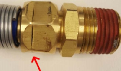Phillips included this image pointing out a a cracked swivel nut, with adapter fitting to the right.
