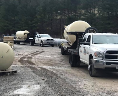 Two of the three Ram 3500s used in M&T’s air tank hauling operation.