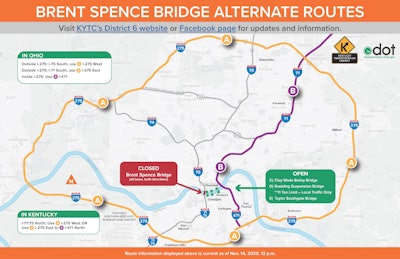This image shows truckers’ principal detour routes over the Ohio as I-275 to the East and West of principal routes through Cincinnati/Covington. Follow updates on progress via the local Kentucky district’s Twitter feed via this link. Note the I-471 route across the Ohio is over a bridge with an 11-ton weight limit and thus not accessible for truck-tractors.