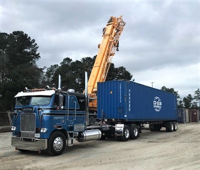 Small-fleet owner Ben Cadle, running in this 1982 custom Freightliner “Joy Ride 3,” typically doesn’t haul containers, but he jumped at the opportunity when a train derailed in his area in October. He’s diversified in other ways as well, also operating the Trelco Trailers sales and rental operation for mostly used trailers. He’s thankful for a cache of 60 used van trailers he bought early in the pandemic period. He sold every last one within just two months, he said, then “ordered five new ones and pre-sold them. … I think van rates are going to stay up for a while. There’s guys getting out of the flatbed business left and right.”