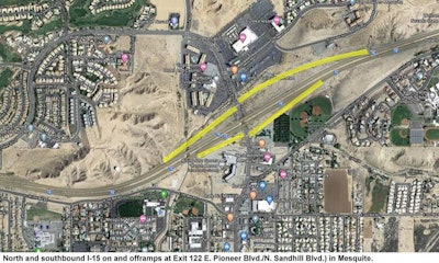 ON/OFFRAMP CLOSURES OVERNIGHT IN NEVADA | The Nevada DOT will intermittently close north and southbound I-15 on- and off-ramps at Exit 122 (E. Pioneer Boulevard/N. Sandhill Boulevard in Mesquite) from 9 p.m. until 5 a.m. nightly, starting the evening of Nov. 4 and concluding the morning of Nov. 6. (Only one ramp will be closed at a time). The temporary ramp closures are needed for permanent lane striping as part of a $9.1 million, 5.3-mile upgrade to Interstate 15 between West Mesquite Boulevard to the Arizona border that began in early April.