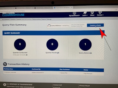 Clearinghouse Query Plan Summary webpage with red arrow pointing to Conduct a Query