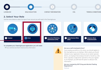 This screenshot from the initial Clearinghouse registration page pops up a notice (in the bottom right-hand corner in this photo) telling independent owner-operators they will need to register as employers within the Clearinghouse system. These prompts are intended to help owner-operators establish their accounts as both employers and drivers within the Clearinghouse.