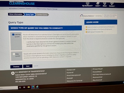 Clearinghouse query selection page