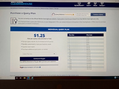 After Desiderato clicked on the “conduct query” button, it brought her to this page, where users select how many queries to buy before continuing to pay.gov to purchase them.