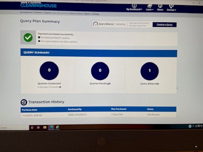 After paying her $1.25, Desiderato’s balance on the right shows one query available to use in the “Query Balance” field.