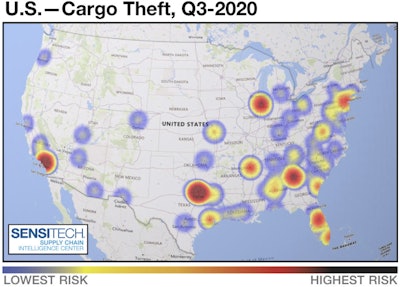 Cargo theft increased by 7% year-over-year in 2020’s third quarter. Texas and California were the states with the most recorded thefts. (SensiGuard image)
