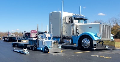 Three iterations of the same truck – the ’94 379 original, the WeePete, and a remote-controlled model.