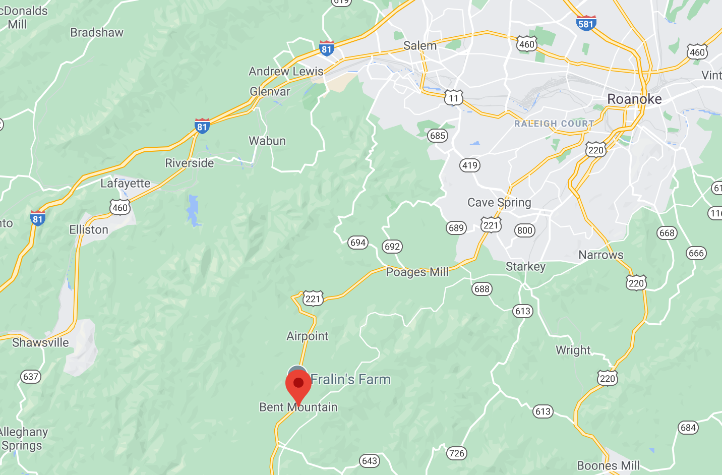 Map with red location marker on Bent Mountain, southwest of Roanoke, Virginia