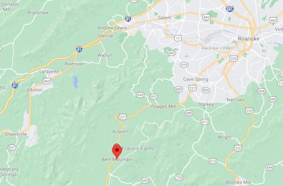 Map with red location marker on Bent Mountain, southwest of Roanoke, Virginia