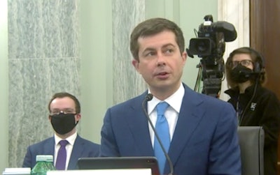 A screenshot of Pete Buttigieg testifying in front of the Senate's Commerce, Science and Transportation Committee on Thursday.