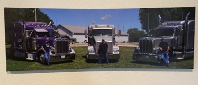 This photo from the wall of Hettinger’s headquarters shows three of the company’s independent contractors. The two on the right, Jim Nichols and Justin Nichols, still contract with Hettinger. The operator on the far left has ventured on to become an independent owner-operator, Bohl said.
