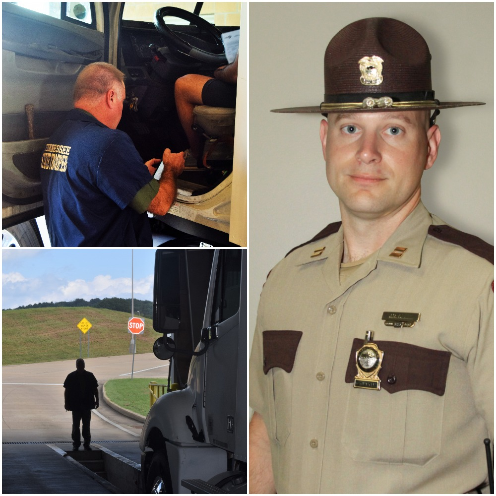 Left to right - Tennessee State Trooper performing an inspection, a silhouette of a person standing in front of a semi-truck being inspected, and John Olsen in uniform