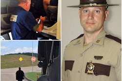 Left to right - Tennessee State Trooper performing an inspection, a silhouette of a person standing in front of a semi-truck being inspected, and John Olsen in uniform