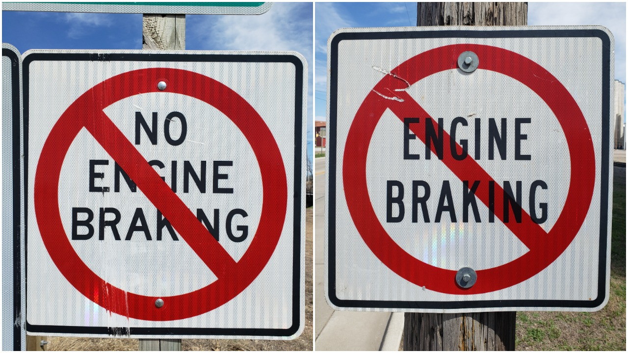 No Engine Braking and Engine Braking signs with red slashes through them