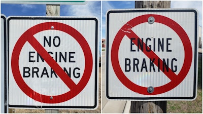 No Engine Braking and Engine Braking signs with red slashes through them