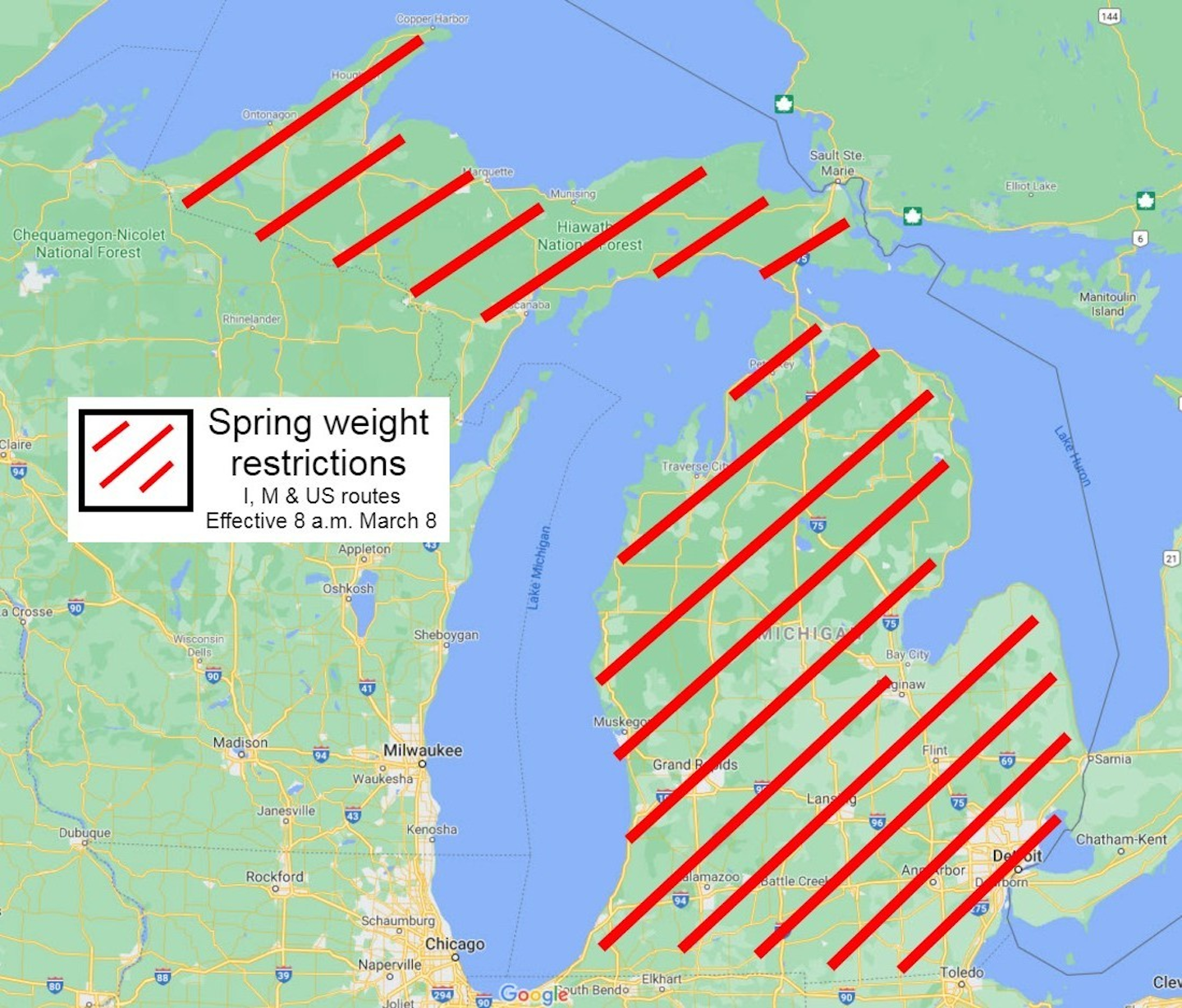 Michigan has expanded its spring weight restrictions to all state trunkline highways in the state.