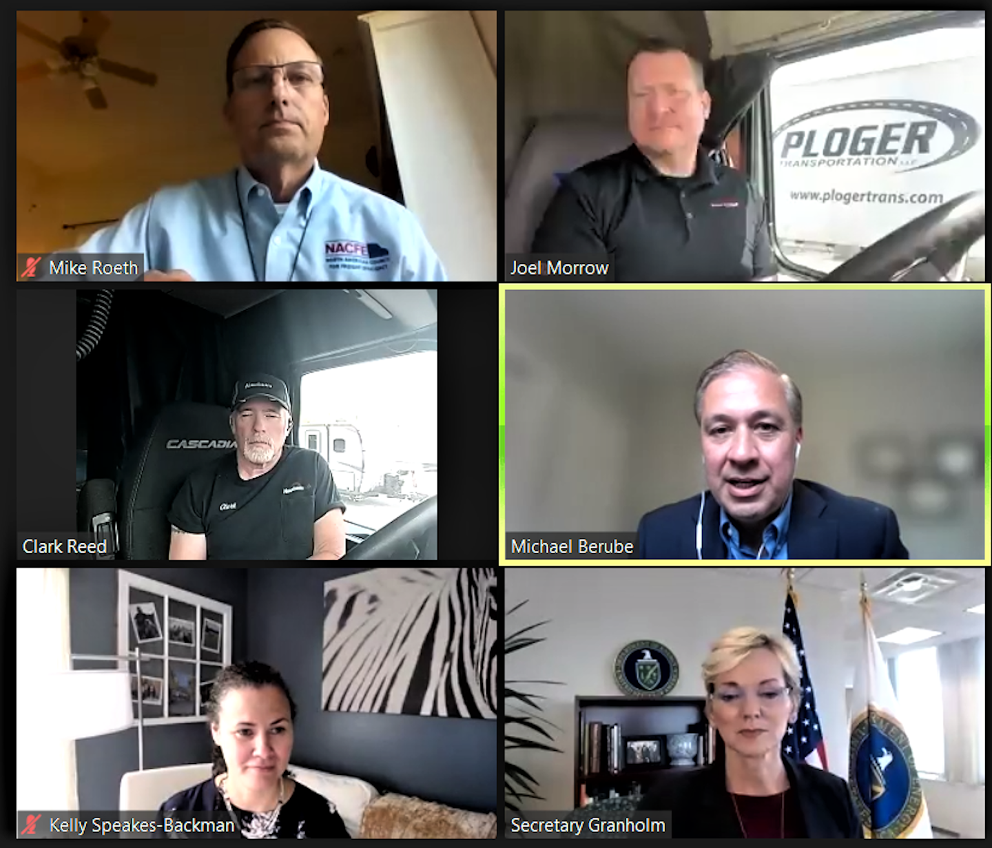 Joel Morrow (top right) with fellow speakers on the April 15 DOE panel (proceeding clockwise): Michael Berube, acting deputy assistant secretary of transportation; DOE Secretary Jennifer Granholm; Acting Assistant Secretary of Energy Efficiency and Renewable Energy Kelly Speakes-Backman; Nussbaum Transportation's Clark Reed, from the road in Iowa; and NACFE Executive Director Mike Roeth.