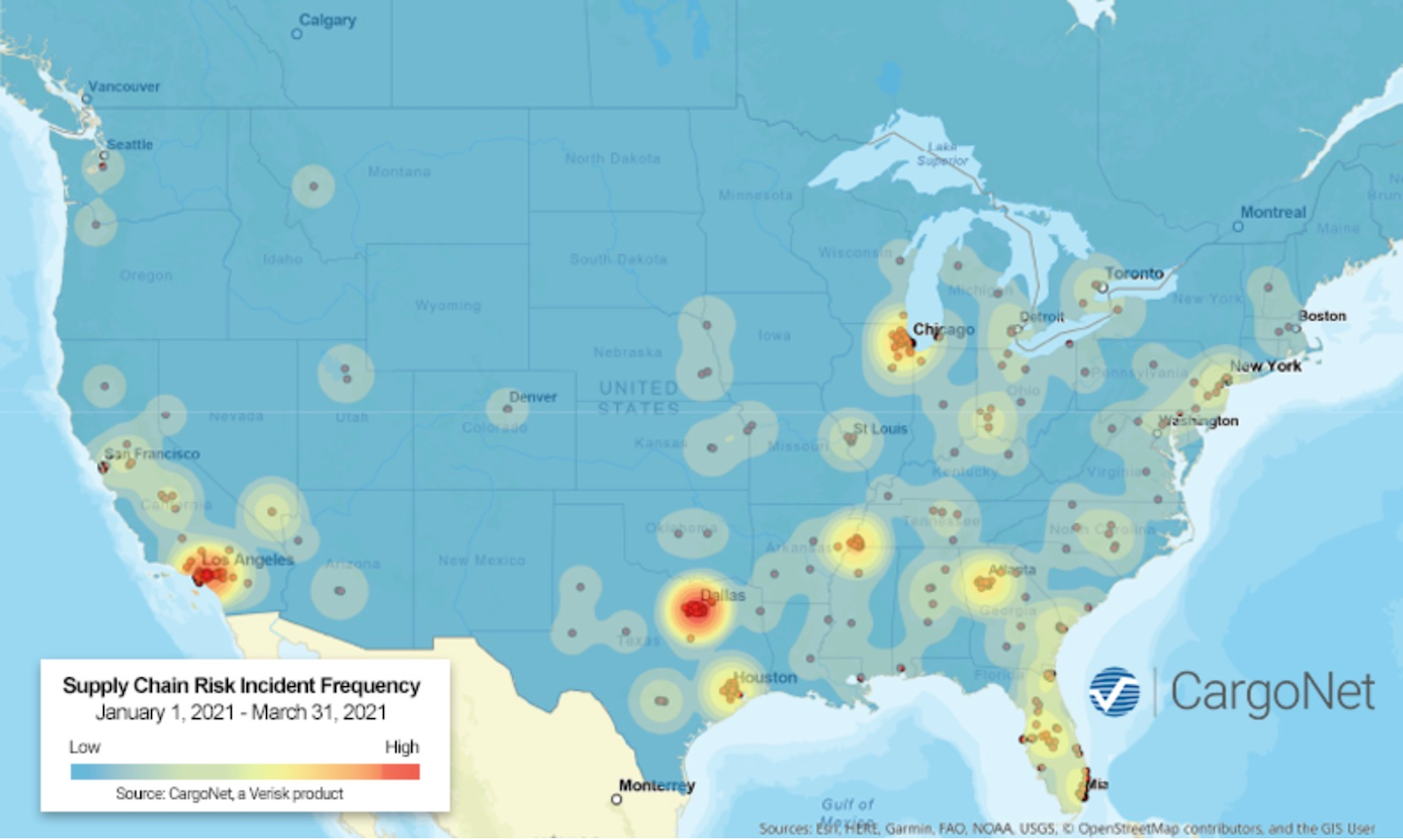 California, Texas and Florida saw the most cargo theft activity in the first quarter of 2021, according to theft recording firm CargoNet.