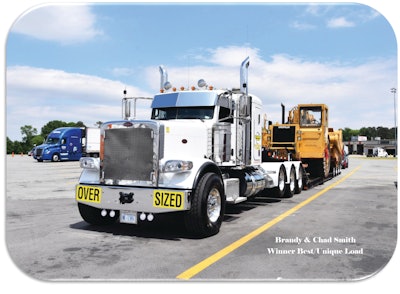Chad and Brandy Smith's 2020 Peterbilt 389 and 2021 Fontaine won Best/Unique Load.