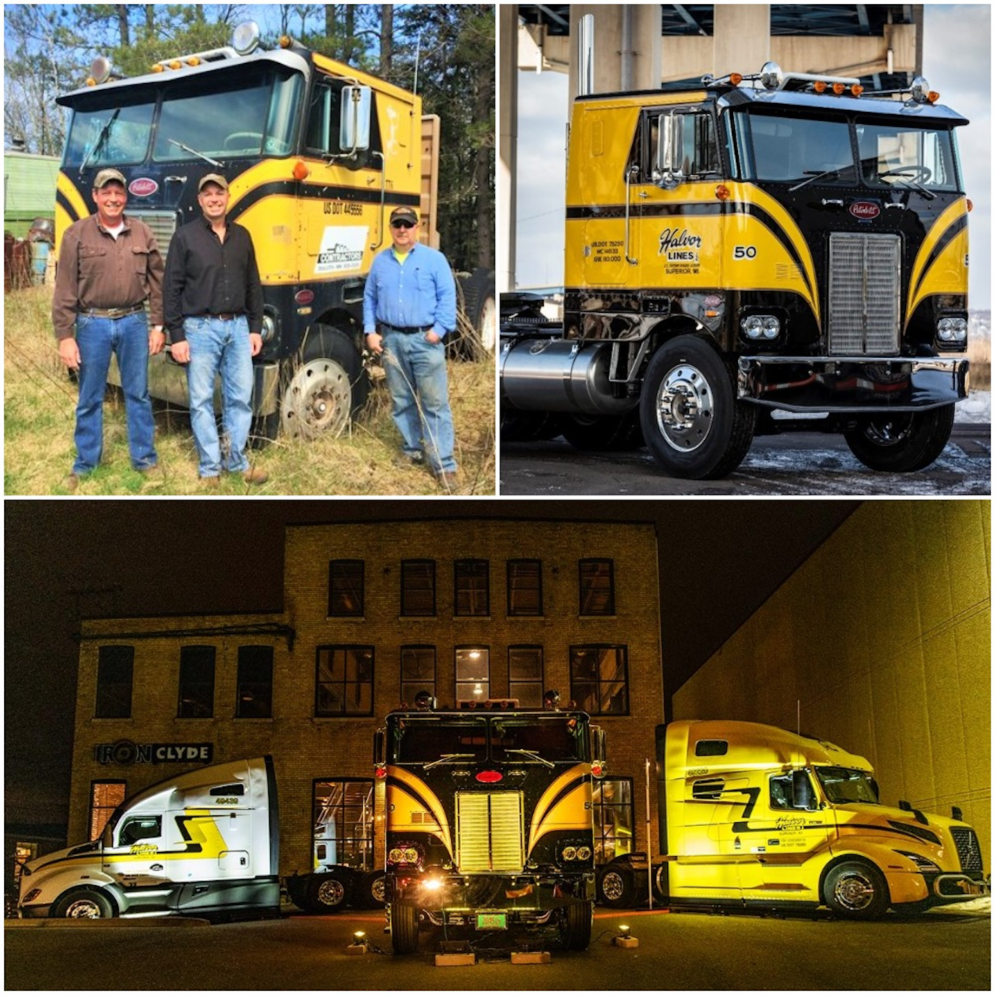 From one to 100s across the decades ... | The cabover in the pictures here is the 1974 Peterbilt 352 of Halvor Lines of Superior, Wis., a special restoration project cabover that was finished in time for Christmas in 2018 and the final month of Halvor’s 50th-anniversary year, said company CEO Jon Vinje when we talked in 2019. Vinje’s father established the company in 1968 with four other owner-operators and a principle customer in Halvorson Equipment Company, a distributor for the Bombardier company at the time. Thus: “distributors of the Ski-doo snowmobile,' Vinje said. 'There was a snowmobile boom at the time.” The company hauled from Quebec, where Bombardier is headquartered, into the U.S. Halvor company black-and-yellow colors come from the “yellow-and-black colors of the early Ski-doo snowmobiles. It was a new new thing at the time, and they were quite popular – a lot of people had them,” particularly throughout the ‘snowbelt’ states in the Upper Midwest and in Canada. Pictured in the top left of this collage at the far right in the shot is the former owner-operator of the 1974 352 with Halvor in years gone by, Jeff Levine, with Jon (center) and Joe Vinje. Catch the full story, with plenty pictures, of Halvor's long history, replete with company-a-family-unto-itself dynamics, and the special 50th-anniversary restoration via this link.