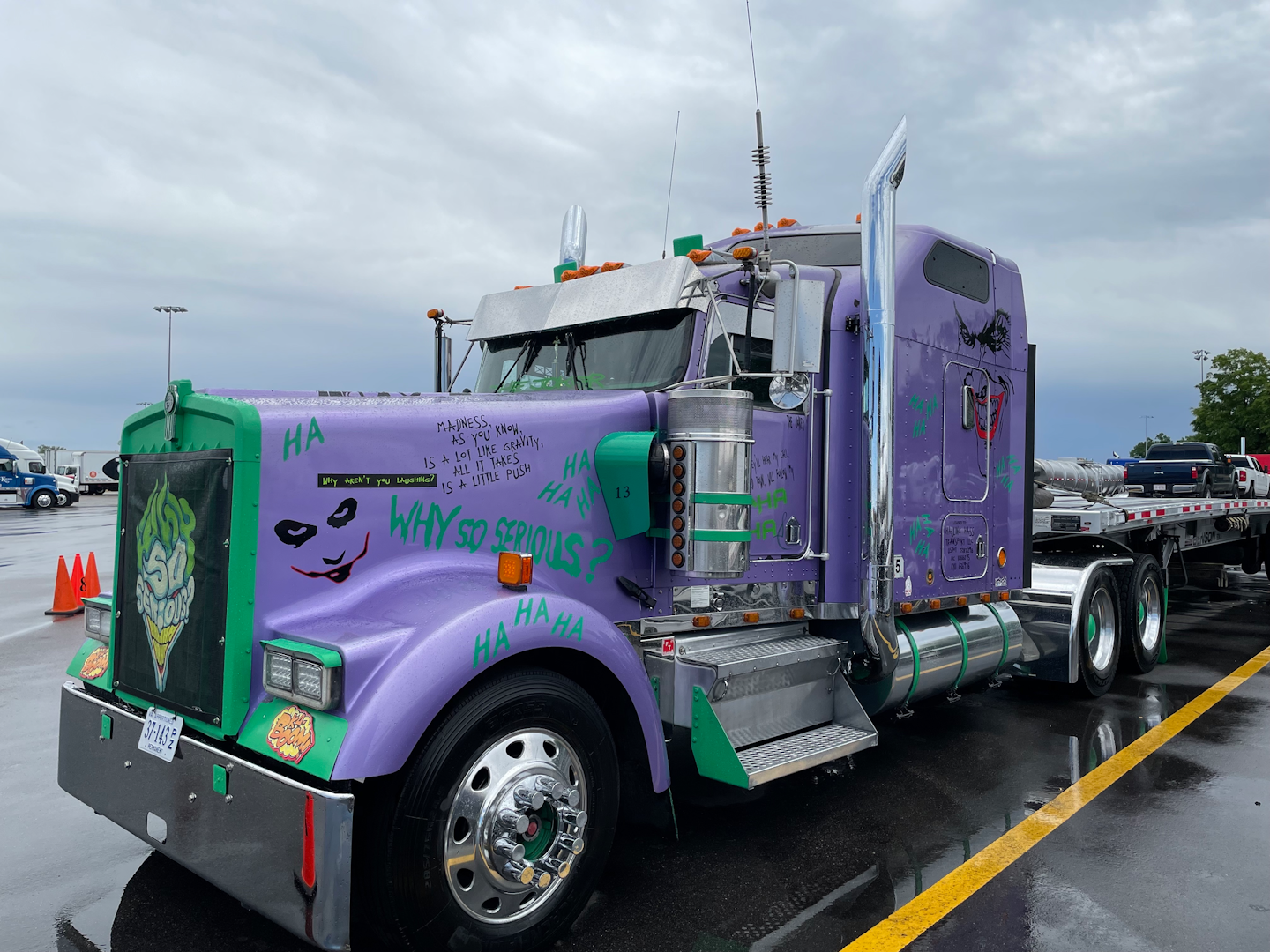 Jon Olah's 'The Joker' 2000 Kenworth W900L and 2019 Benson flatbed won Best Graphics.