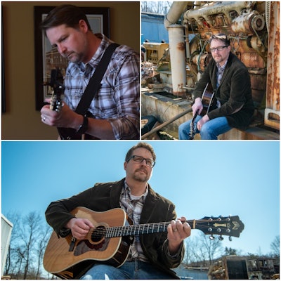 stephen flatt collage of photos playing guitar and sitting with a Cummins diesel for a dredger