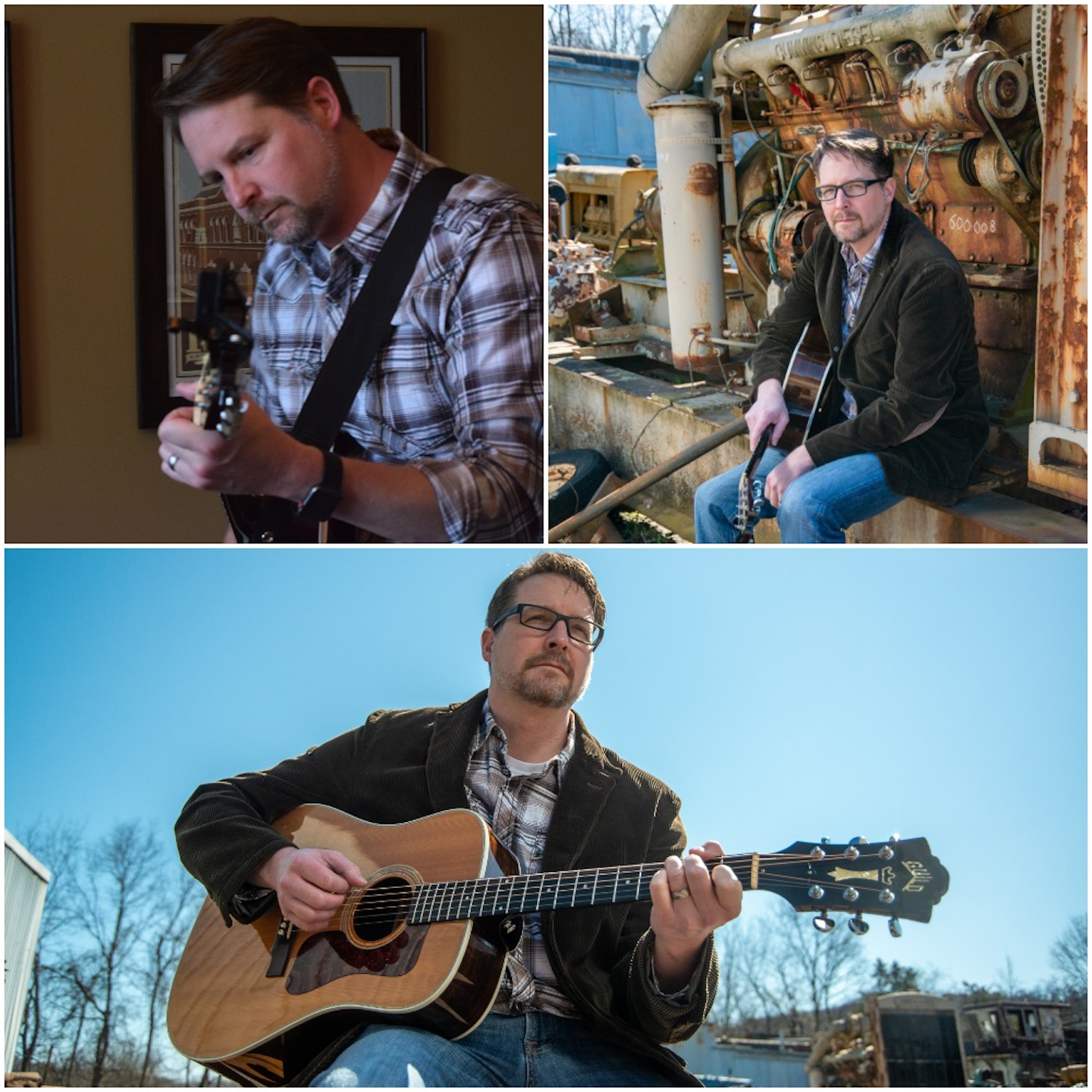 stephen flatt collage of photos playing guitar and sitting with a Cummins diesel for a dredger