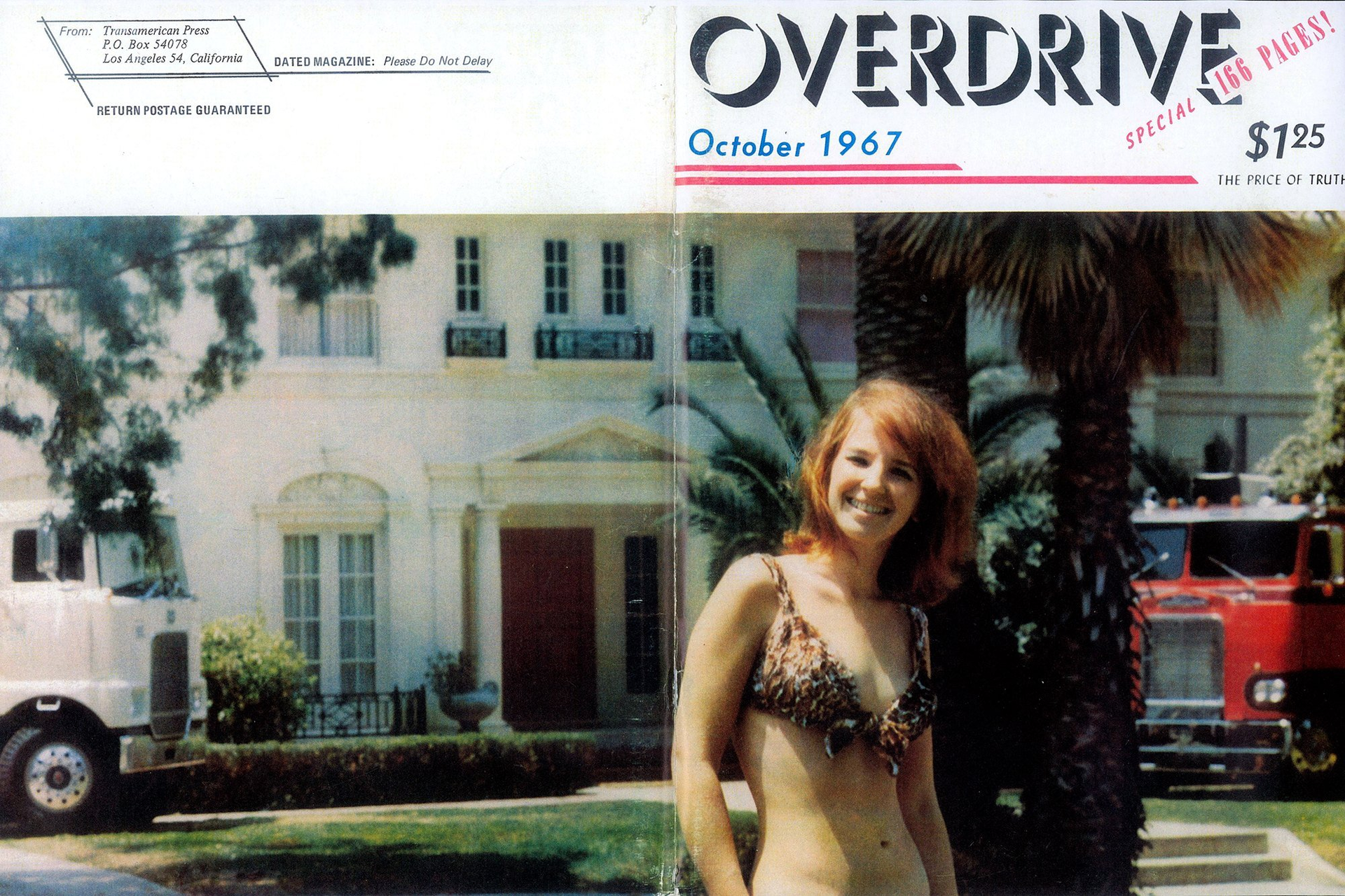 This front and back cover of the October 1967 issue shows Overdrive staff member Freddi Sullivan at the Roadmansion. That issue says the facility had more than 20 rooms and these amenities: &ldquo;Swimming pool, heated. Food, excellent. Full length feature movie in our own theatre. Live entertainment FREQUENTLY. Linen napkins, always. Tablecloths, always. Wine served at dinner, always. Polynesian bar. Pickup and delivery. Pool, ping pong, badminton, chess. Color TV lounge.&rdquo;