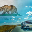 transparent California republic flag in background of truck on highway