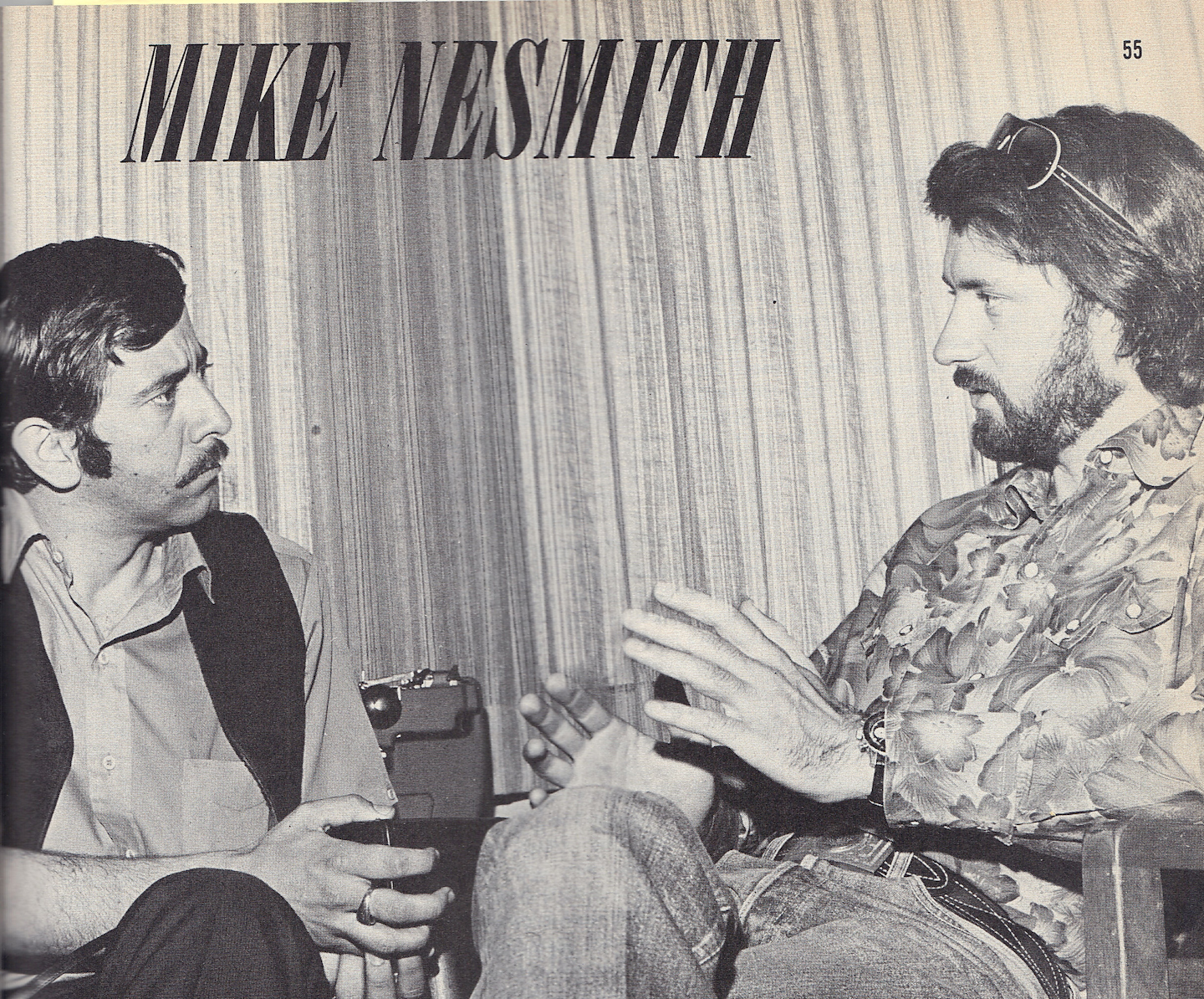 Overdrive’s Roger Galloway, left, interviews Mike Nesmith, guitarist for The Monkees, a band conceived for a comedy TV series that ran 1966-1968.