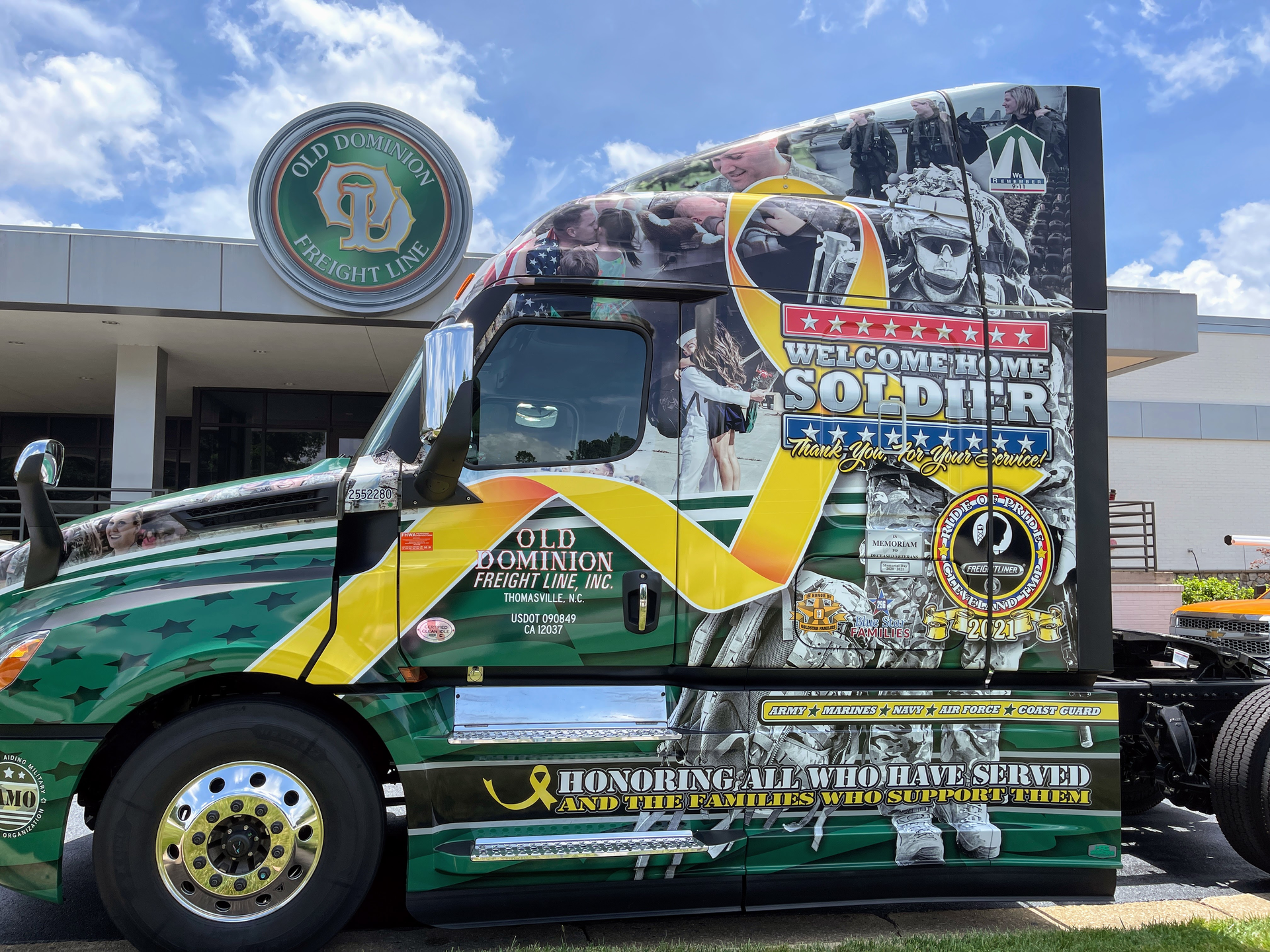 Old Dominion shows military pride | Old Dominion Freight Line&rsquo;s new Ride of Pride-wrapped tractor from Daimler Trucks sits on display outside the company's corporate office in Thomasville, North Carolina. The truck, which features a patriotic graphic that honors American servicemen and women, will be adopted into the fleet and will travel between U.S. service centers over the next few years. Veterans at each location will have the opportunity to drive it.