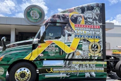 Old Dominion shows military pride | Old Dominion Freight Line’s new Ride of Pride-wrapped tractor from Daimler Trucks sits on display outside the company's corporate office in Thomasville, North Carolina. The truck, which features a patriotic graphic that honors American servicemen and women, will be adopted into the fleet and will travel between U.S. service centers over the next few years. Veterans at each location will have the opportunity to drive it.