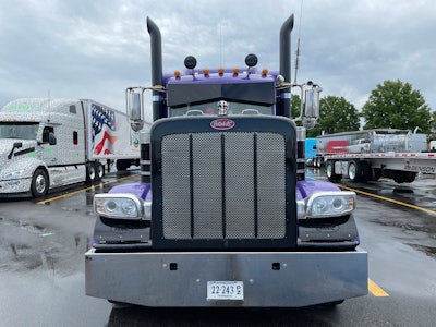 The front end and grille of Trevor Hass' 2015 Peterbilt 389