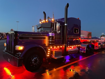 Trevor Hass' 2015 Peterbilt 389 at night
