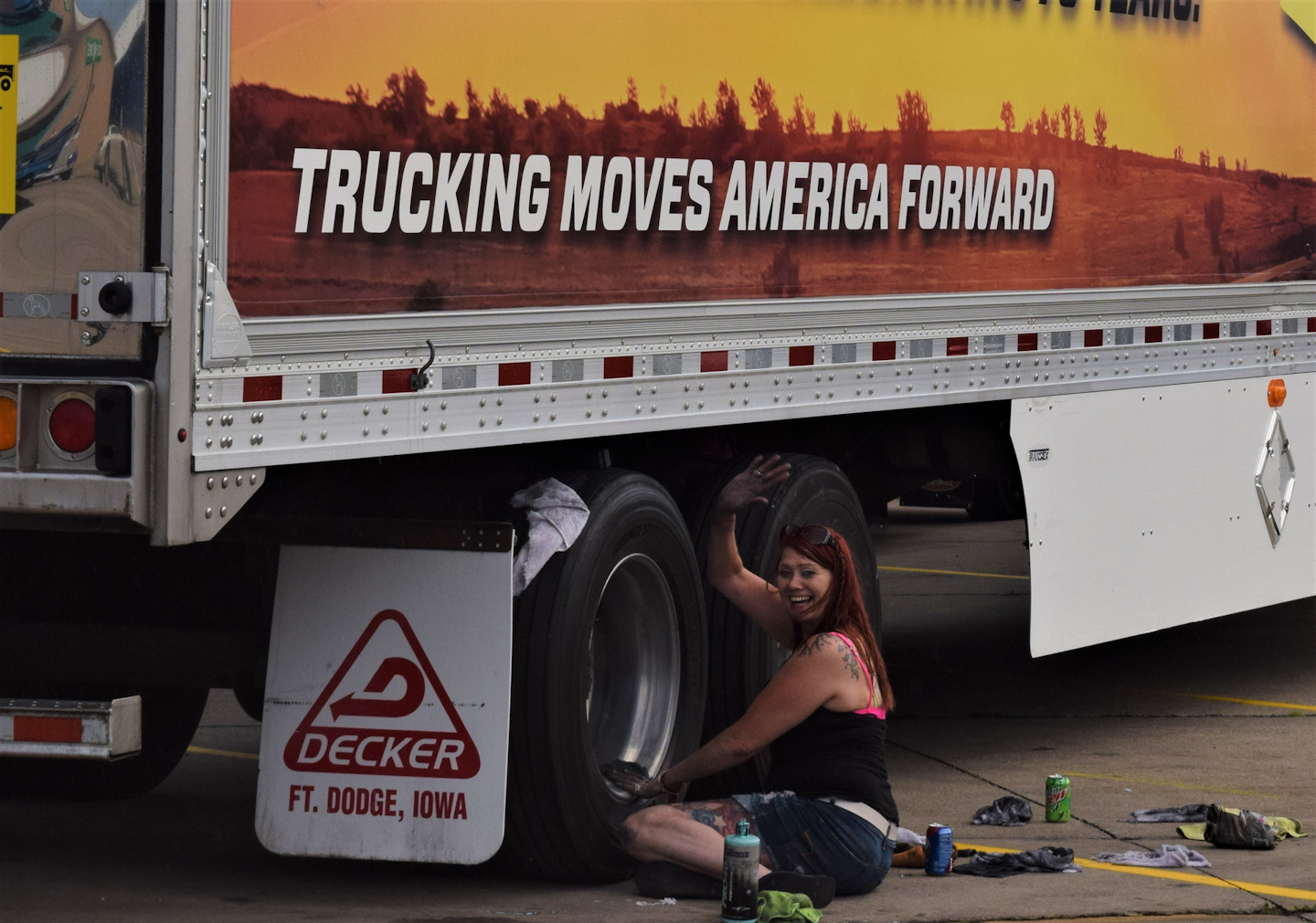 Burrows was called up by an owner-operator friend who's leased to Iowa-based Decker Truck Line to help get truck and trailer in order for this display between the bobtails and combos in the Super Truck contest. 'Trailer wheels are the worst,' she said, when it comes to polish work, catching well more of the grime of the road and receiving generally less attention than those on the tractor.