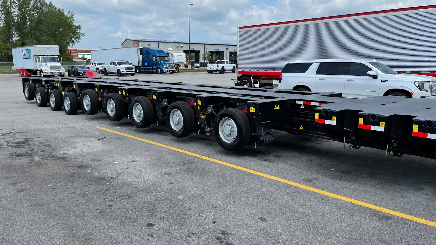 ...get a load of what Brune recently picked up. The Faymonville heavy-haul trailer has 13 steerable axles and is one of only about a dozen in the U.S., Brune says. Stay tuned to Overdrive for more on Brune's truck and Equipment Express' new trailer.