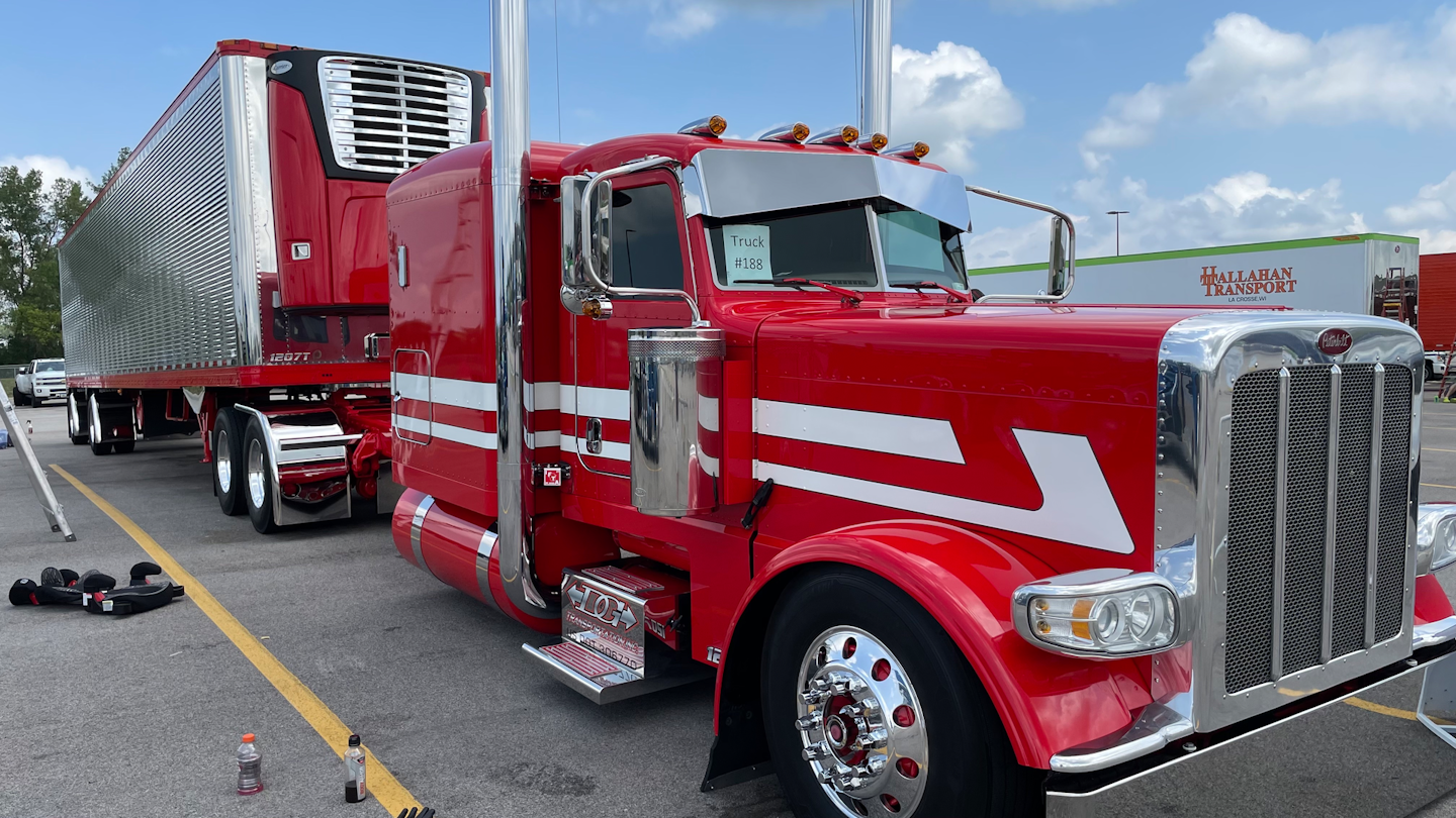 Ganski Inc. is showing this 2014 Peterbilt 389, which sports a 550-hp Cat 3406 with an 18-speed and 3:36 rears.