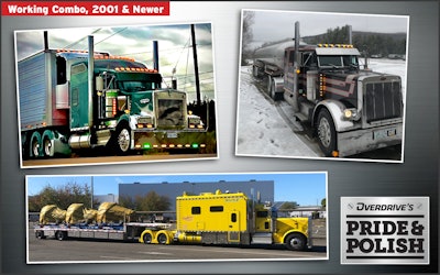 The finalists in the Working Combo, 2001 & Newer class are: Deon Davenport's 2006 Kenworth W900L, “Nelly Belle” (top left); Mike Hall's 2004 Peterbilt 379 company truck for C. Bean Transport (top right); and Howard Smith's 2020 Peterbilt 389, “Beverly II.”