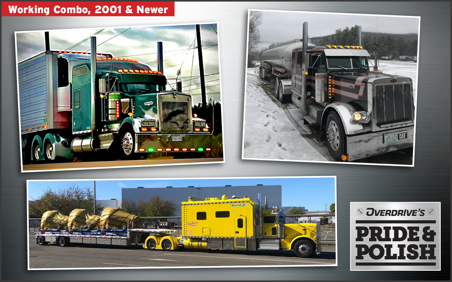 The finalists in the Working Combo, 2001 & Newer class are: Deon Davenport's 2006 Kenworth W900L, “Nelly Belle” (top left); Mike Hall's 2004 Peterbilt 379 company truck for C. Bean Transport (top right); and Howard Smith's 2020 Peterbilt 389, “Beverly II.”