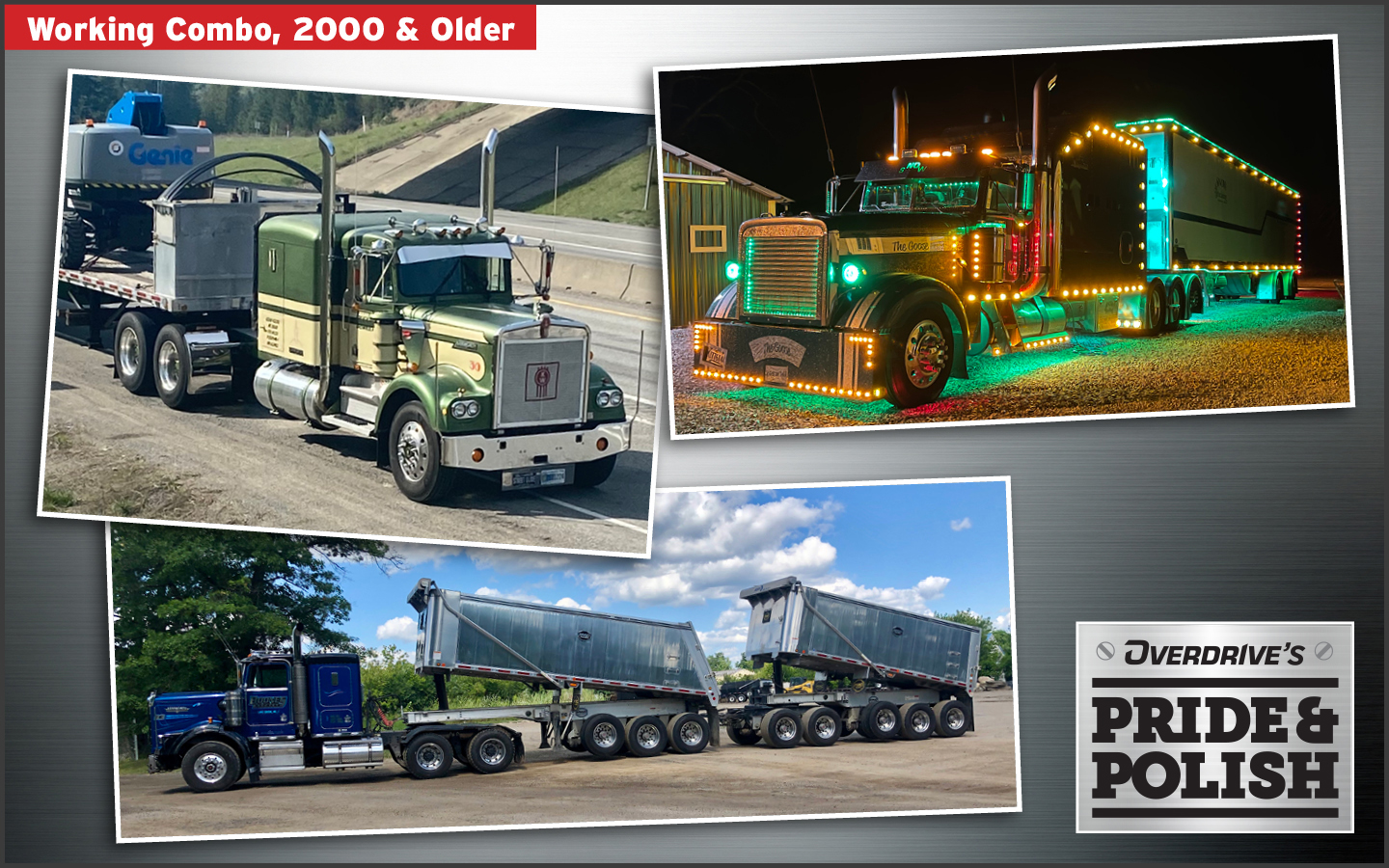 Working Combo, 2000 & Older finalists are: Matthew Locker's 1978 Kenworth W900A (top left); Daniel and Phyllis Snow's 1996 Freightliner Classic XL, “The Goose” (top right); and Edward Vince's 1998 Kenworth T800H, “It Ain’t My Fault.”