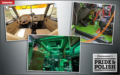 The finalists in the Interior class are: Ron Kelsey's 1981 Peterbilt 359, 'Sunshine Express' (top left); Robert Hallahan's 2022 Peterbilt 389, 'Joke's on You' (top right); and Daniel and Phyllis Snow's 1996 Freightliner Classic XL, 'The Goose.'